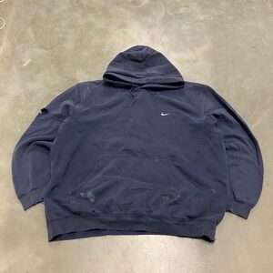 Vintage Nike Center Swoosh Hoodie Navy Blue XXL Distressed Thrashed Y2K Mens